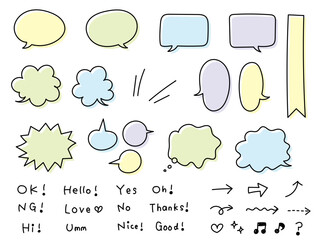 かわいい手描きの吹き出しや矢印、文字のセット（黒線、カラフルな塗り）