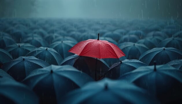 Single red umbrella open in many closed dark blue umbrellas during rain. Stand out concept, unique object. Bold color contrast, individuality, difference, nonconformity, leadership, business metaphor.