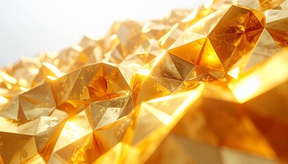 Abstract, golden, crystalline formation reflecting light with sharp edges and a blurred background