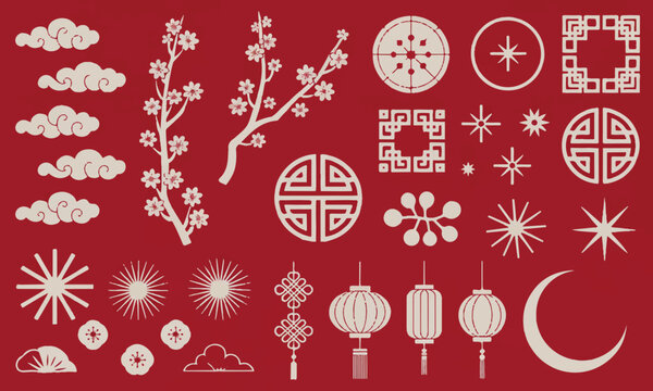 Traditional chinese new year elements set with clouds flowers lanterns and geometric patterns