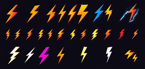 Set of stylized lightning bolt icons, various angles and designs,  digital,  energy