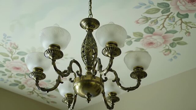 Intricately designed brass chandelier with frosted glass shades hanging above a floral wallpapered ceiling