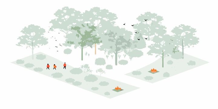 Isometric illustration of a park with trees paths and small figures