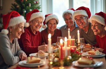 Elderly diverse friends in Santa hats laugh at Christmas dinner table. Seniors smile enjoying festive meal, candles glow, tree decorates room. Happy people celebrate holiday at home, sharing food,