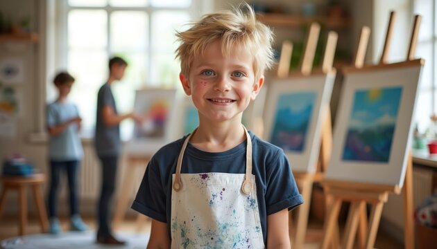 Young boy wears apron for painting class. He smiles in art studio with easels and paintings. Other children work in background, learning creative skills. - Powered by Adobe
