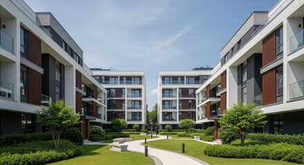 Modern residential apartment complex featuring white and grey buildings with stylish wooden vertical slat accents and glass balconies.