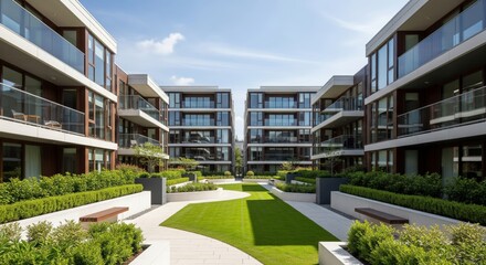 Modern residential apartment complex featuring white and grey buildings with stylish wooden vertical slat accents and glass balconies.
