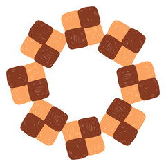 Hand drawn circular cookie frame in a simple doodle style, featuring cute baked shapes arranged in a soft, cozy wreath on a white background. Perfect for festive designs, labels, sweet themed branding