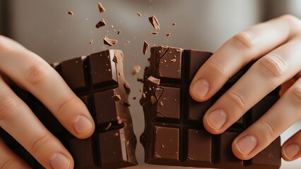 Dark Chocolate Bar Snapping into Two Pieces Held by Two Hands, Delicious