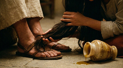 Plakat Biblical scene of a sinful woman (Mary Magdalene) anointing Jesus' feet with perfume oil and wiping them with her hair 