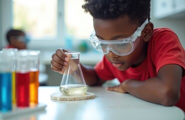 Young boy wears safety goggles conducts science experiment with beaker. Colorful liquids in test tubes nearby. Child studies, learns, makes discovery in classroom lab.