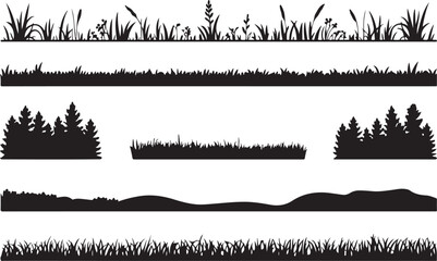 Silhouette borders of natural tall grass reeds and thicket for landscape elements