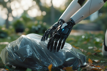 Robotic hand sorting electronic waste in industry highlighting recycling technology. Environmental technologies. Artificial Intelligence.