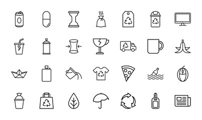 Fototapeta premium Recycling and waste management line icon set. Vector pictograms of trash bin, plastic, organic food, paper, glass, electronics and eco symbols, thin outline illustration.