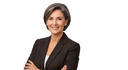 Mature woman with short grey hair in a brown suit smiling with arms crossed short hair white shirt isolated on a transparent background