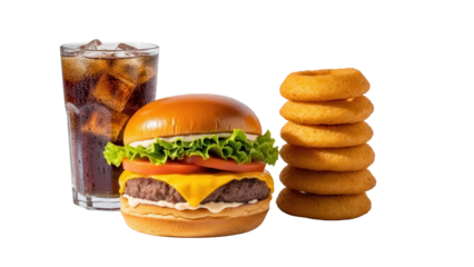 Professional food photography of a burger meal deal with crispy onion rings and beverage isolated on white background