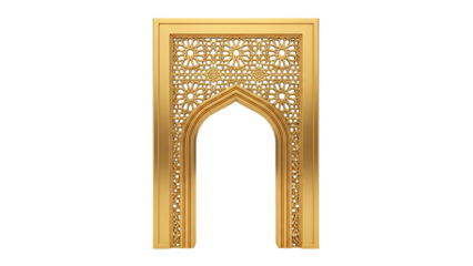 Ornate golden Islamic archway with intricate geometric patterns on black background graphic design isolated on a transparent background