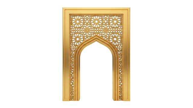 Ornate golden Islamic archway with intricate geometric patterns on black background graphic design isolated on a transparent background - Powered by Adobe