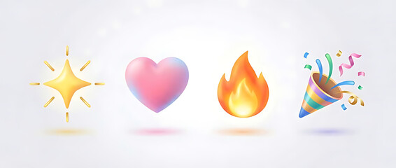 A vibrant 3D rendering of popular emojis including a sparkling star, a pink heart, a fiery flame, and a festive party popper with confetti, all against a clean white background.