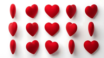 A grid of numerous soft red heart shapes displayed on a clean white background, symbolizing love and affection.