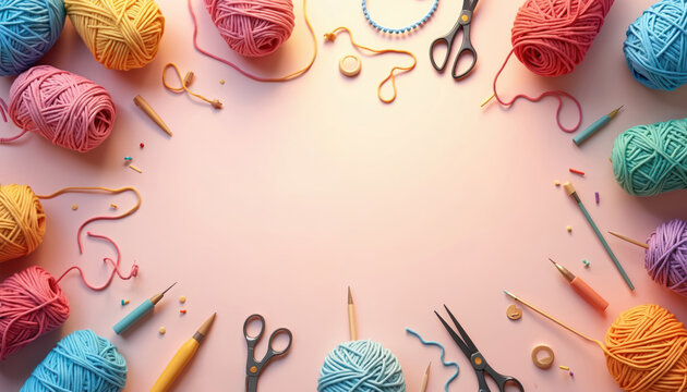 Colorful yarn balls, knitting supplies arranged on pink surface. Various crochet hooks, needles, scissors visible, creating creative craft space. Image suggests hobby for relaxation, making handmade