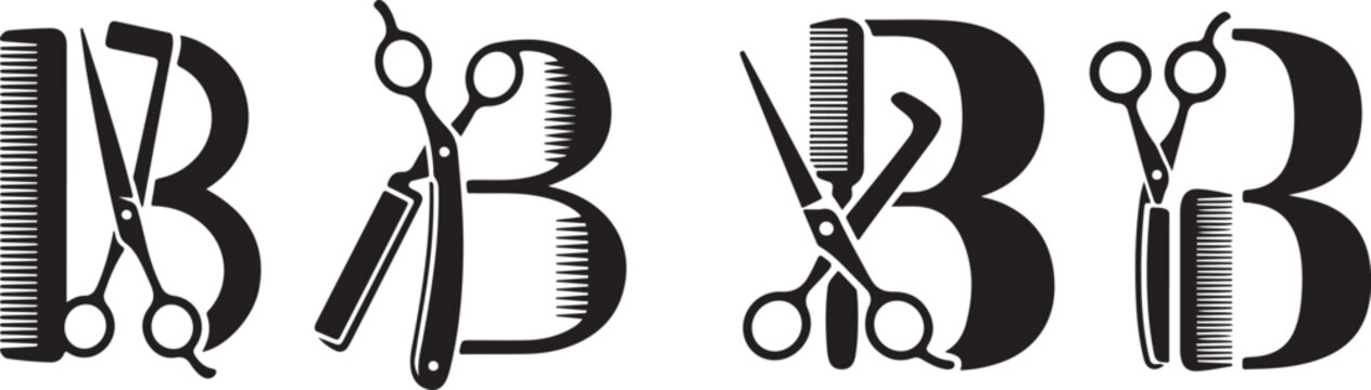 Letter B with barber tools like scissors comb and razor for branding