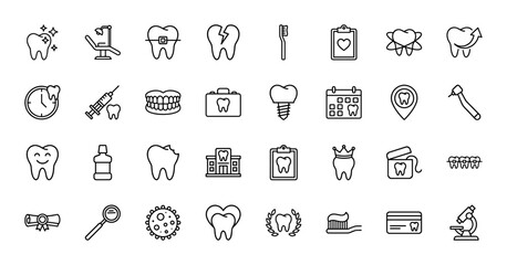 Dental care line icon set. Vector pictograms of tooth, braces, implant, syringe, drill, brush, floss, clinic, crown, and hygiene, thin outline illustration.