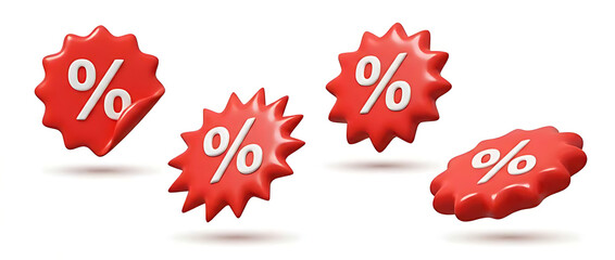 3D rendered red discount badges with percentage symbols, floating with shadows, representing sales and special offers.