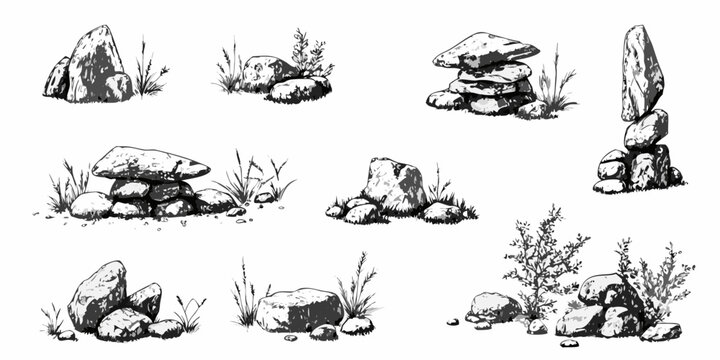 A collection of stacked stones and rocks with surrounding vegetation depicted in sketch style