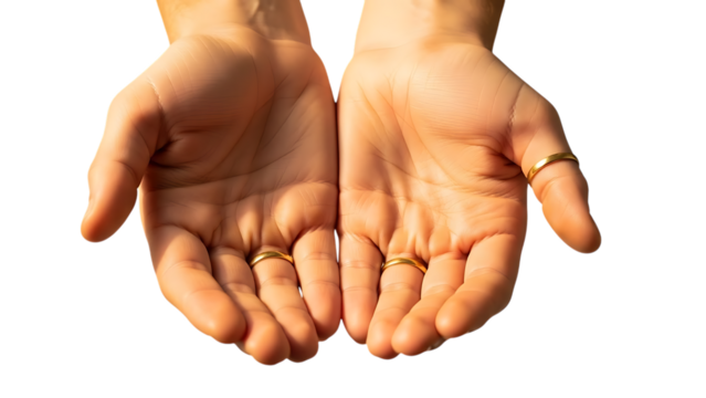 Two open hands with gold rings on black background Keywords: hands, open, palms, showing, offering, giving, receiving, support, help, charity isolated on a transparent background - Powered by Adobe