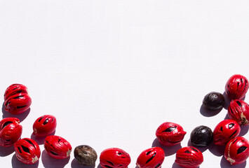 A landscape overhead view of fresh nutmeg seeds with red arils arranged in a decorative curve at the bottom right corner, providing ample copy space.