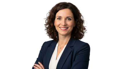 Woman with short curly brown hair in a dark blue suit with arms crossed smiling short hair curly hair isolated on a transparent background