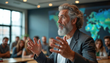Mature man with grey beard speaks actively to group of people in classroom. Audience listens intently. World map on wall indicates global scope of lecture. Natural light illuminates scene.