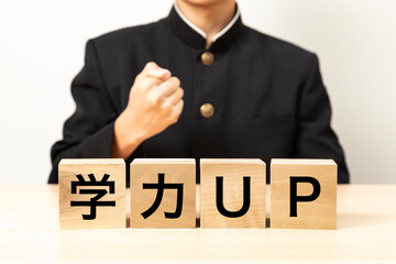 「学力UP」と書かれたブロックとガッツポーズをする男子学生