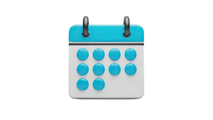 3D Calendar icon with blue circles representing days on transparent background