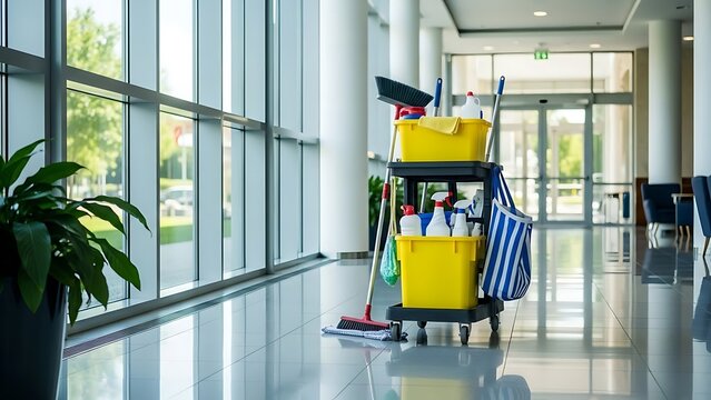 Cleaning Cart with Supplies in a Modern Office Building Hallway, Indoor Facility Maintenance, Wide-Angle View, Professional Environment