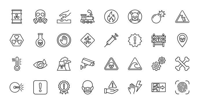 Industrial safety and hazard line icon set. Vector pictograms of radiation, poison, biohazard, fire, electric shock, chemical, and gas mask, thin outline illustration.