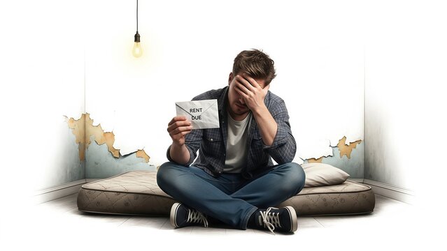 Man sitting on mattress with eviction notice looking stressed