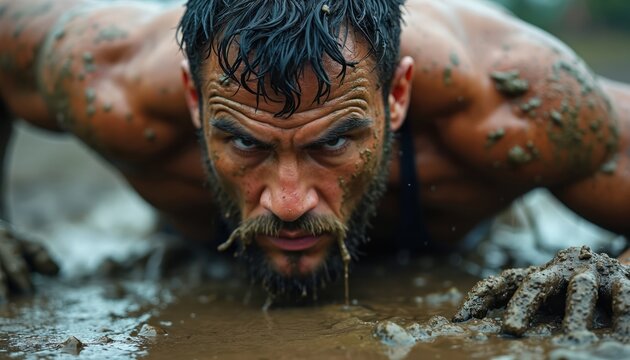 Muscular man crawls through mud puddle. Athlete covered in dirt during intense obstacle race. His determined face shows effort and grit. He overcomes challenge in wet outdoors.