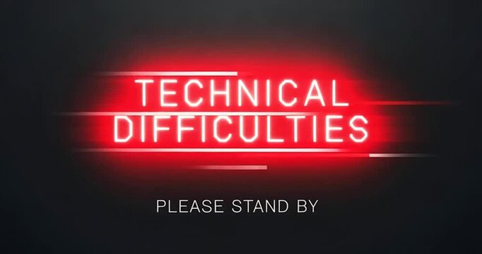 Technical difficulties message displayed on a digital screen with a waiting instruction