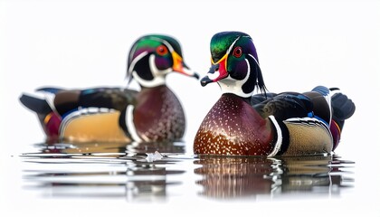 Two brightly colored ducks float on glassy water against a white background