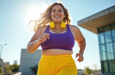 Curvy woman runs outdoors with headphones. She smiles with joy, embracing her active lifestyle and healthy journey in bright yellow leggings and purple top.