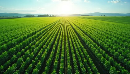 Vast green soybean field with neat rows stretching to the horizon under a bright sunny sky. Agricultural land cultivates healthy crops in open countryside, showing growth.