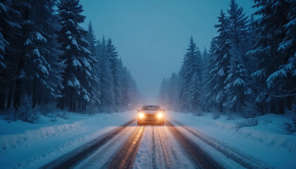 Car drives on snowy forest road at night. Headlights illuminate path in blue light. Snow covers trees and ground. Winter journey continues through dark.