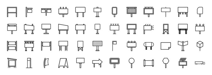 Obraz premium Outdoor advertising line icon set. Vector pictograms of billboards, street signage, bus stop shelters, digital displays, and banners, thin outline illustration.