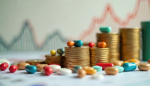 Stacks of gold coins with colorful pills and capsules on top and around them. Blurred financial graph in background suggests rising costs or investment in health care services and medication. - Powered by Adobe