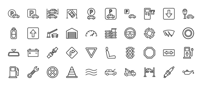 Automotive line icon set. Vector pictograms of parking, garage, traffic signs, mechanic tools, charging station, tow truck and maintenance, thin outline illustration.