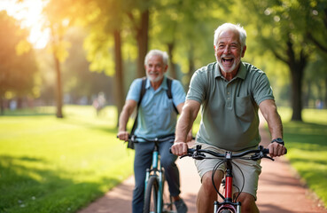 Obraz premium Two senior men ride bicycles together in a sunlit park. They smile and appear joyful while cycling on a paved path surrounded by green trees and grass, enjoying friends outdoor activity.
