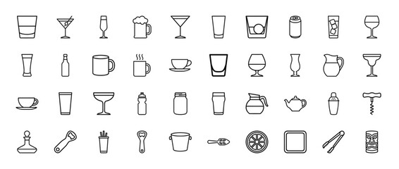 Barware and glassware line icon set. Vector pictograms of beer mug, wine glass, cocktail, coffee cup, bottle, shaker, ice bucket and corkscrew, thin outline illustration.