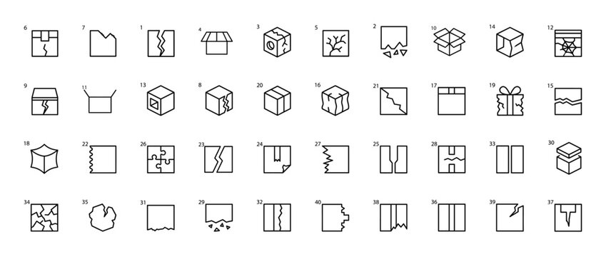 Damaged packaging line icon set. Vector pictograms of broken box, cracked container, crushed carton, fragile cargo, shattered glass, torn edge, thin outline illustration.